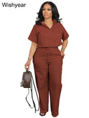 Tenues de sport décontractées en lin pour femmes, chemise à manches courtes et pantalon à jambes larges, ensemble 2 pièces, Streetwear, mode de bureau, survêtement, automne