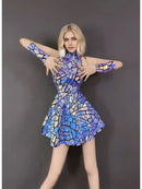 Robe courte sans manches à paillettes miroir pour femmes, tenue de scène de danseuse et de chanteur, tenue de scène en boîte de nuit, Costume de spectacle de bal d'anniversaire