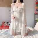 Ensemble de robe sexy en dentelle pour femme, coupe basse, volants, nœud papillon, princesse douce, vêtements de nuit féminins, au-dessus du genou, confortable, tenue de salon, été