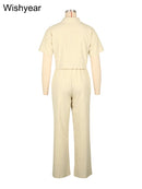 Tenues de sport décontractées en lin pour femmes, chemise à manches courtes et pantalon à jambes larges, ensemble 2 pièces, Streetwear, mode de bureau, survêtement, automne
