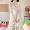Ensemble de robe sexy en dentelle pour femme, coupe basse, volants, nœud papillon, princesse douce, vêtements de nuit féminins, au-dessus du genou, confortable, tenue de salon, été