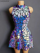 Robe courte sans manches à paillettes miroir pour femmes, tenue de scène de danseuse et de chanteur, tenue de scène en boîte de nuit, Costume de spectacle de bal d'anniversaire