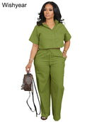 Tenues de sport décontractées en lin pour femmes, chemise à manches courtes et pantalon à jambes larges, ensemble 2 pièces, Streetwear, mode de bureau, survêtement, automne