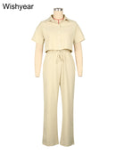 Tenues de sport décontractées en lin pour femmes, chemise à manches courtes et pantalon à jambes larges, ensemble 2 pièces, Streetwear, mode de bureau, survêtement, automne